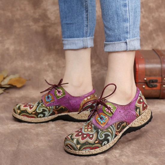 SOCOFY Folkways Pattern Round Toe Leather Splicing Comfy Lace Up Flat Shoes SOCOFY Folkways Pattern Round Toe Leather Splicing Comfy Lace Up Flat Shoes