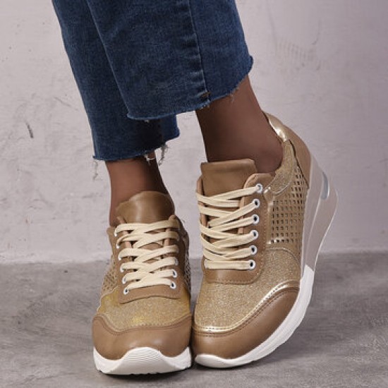 Large Size Women Round Toe Hollow Breathable Lace Up Wedges Sneakers Large Size Women Round Toe Hollow Breathable Lace Up Wedges Sneakers