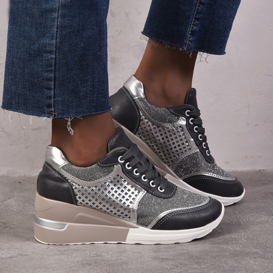 Large Size Women Round Toe Hollow Breathable Lace Up Wedges Sneakers Large Size Women Round Toe Hollow Breathable Lace Up Wedges Sneakers