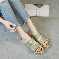 Large Size Casual Bling Sequined Dual Strap Buckle Flat Slippers Cork Sandals