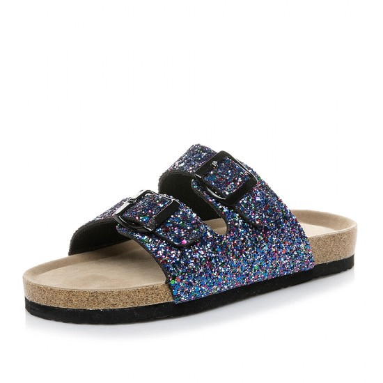 Large Size Casual Bling Sequined Dual Strap Buckle Flat Slippers Cork Sandals Large Size Casual Bling Sequined Dual Strap Buckle Flat Slippers Cork Sandals
