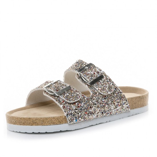 Large Size Casual Bling Sequined Dual Strap Buckle Flat Slippers Cork Sandals Large Size Casual Bling Sequined Dual Strap Buckle Flat Slippers Cork Sandals