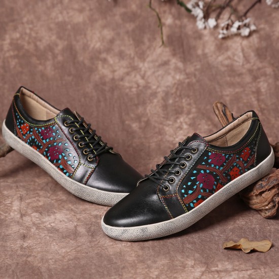 SOCOFY Floral Cutout Stitching Retro Leather Lace Up Flat Sneakers SOCOFY Floral Cutout Stitching Retro Leather Lace Up Flat Sneakers