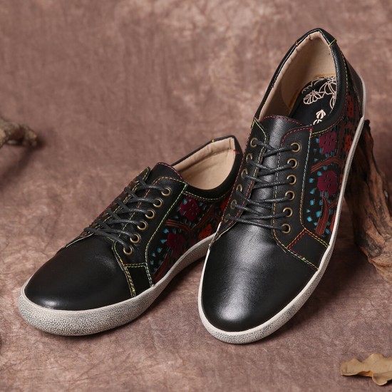 SOCOFY Floral Cutout Stitching Retro Leather Lace Up Flat Sneakers SOCOFY Floral Cutout Stitching Retro Leather Lace Up Flat Sneakers
