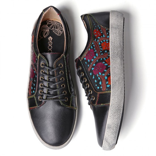 SOCOFY Floral Cutout Stitching Retro Leather Lace Up Flat Sneakers SOCOFY Floral Cutout Stitching Retro Leather Lace Up Flat Sneakers