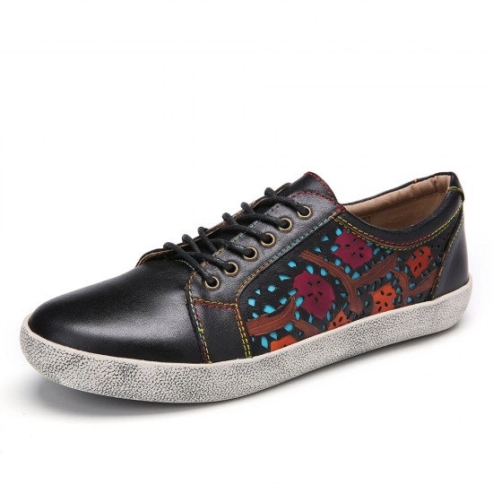 SOCOFY Floral Cutout Stitching Retro Leather Lace Up Flat Sneakers SOCOFY Floral Cutout Stitching Retro Leather Lace Up Flat Sneakers