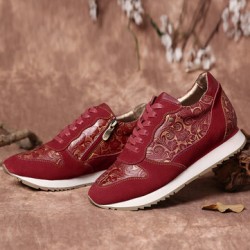 SOCOFY Floral Leather Stitching Splicing Zipper Lace Up Flat Sneakers