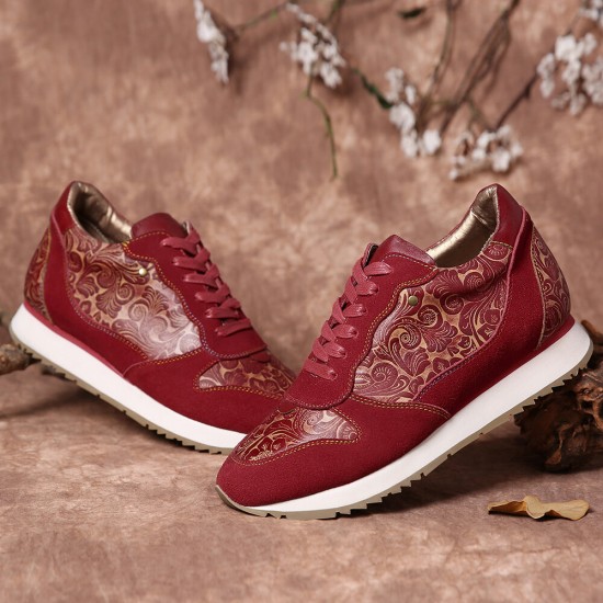 SOCOFY Floral Leather Stitching Splicing Zipper Lace Up Flat Sneakers SOCOFY Floral Leather Stitching Splicing Zipper Lace Up Flat Sneakers