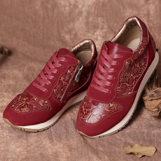 SOCOFY Floral Leather Stitching Splicing Zipper Lace Up Flat Sneakers SOCOFY Floral Leather Stitching Splicing Zipper Lace Up Flat Sneakers