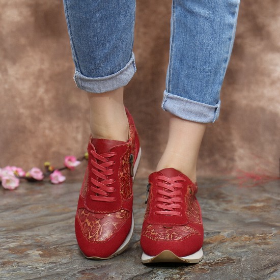 SOCOFY Floral Leather Stitching Splicing Zipper Lace Up Flat Sneakers SOCOFY Floral Leather Stitching Splicing Zipper Lace Up Flat Sneakers