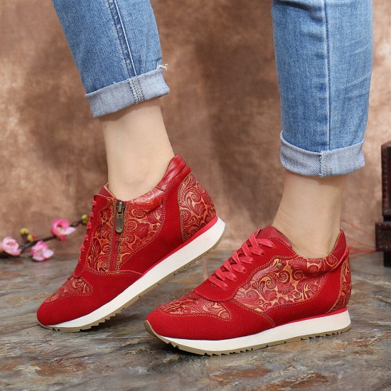 SOCOFY Floral Leather Stitching Splicing Zipper Lace Up Flat Sneakers SOCOFY Floral Leather Stitching Splicing Zipper Lace Up Flat Sneakers