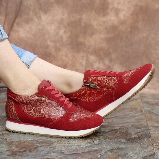 SOCOFY Floral Leather Stitching Splicing Zipper Lace Up Flat Sneakers SOCOFY Floral Leather Stitching Splicing Zipper Lace Up Flat Sneakers