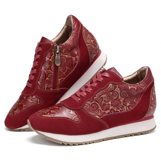 SOCOFY Floral Leather Stitching Splicing Zipper Lace Up Flat Sneakers SOCOFY Floral Leather Stitching Splicing Zipper Lace Up Flat Sneakers