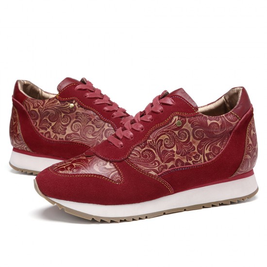 SOCOFY Floral Leather Stitching Splicing Zipper Lace Up Flat Sneakers SOCOFY Floral Leather Stitching Splicing Zipper Lace Up Flat Sneakers