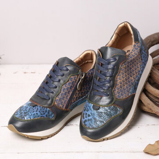 SOCOFY Retro Leather Veins Pattern Splicing Stitching Lace Up Flat Sneakers SOCOFY Retro Leather Veins Pattern Splicing Stitching Lace Up Flat Sneakers