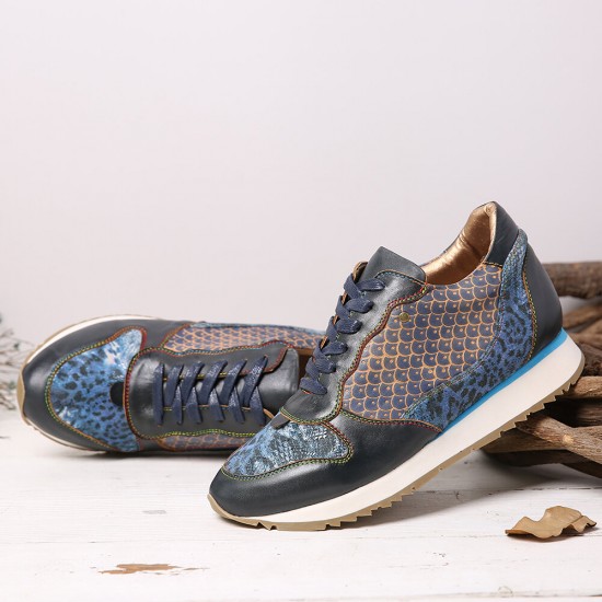 SOCOFY Retro Leather Veins Pattern Splicing Stitching Lace Up Flat Sneakers SOCOFY Retro Leather Veins Pattern Splicing Stitching Lace Up Flat Sneakers
