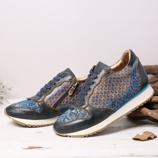 SOCOFY Retro Leather Veins Pattern Splicing Stitching Lace Up Flat Sneakers SOCOFY Retro Leather Veins Pattern Splicing Stitching Lace Up Flat Sneakers
