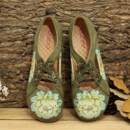 LOSTISY Flower Pattern Elastic Band Round Toe Splicing Retro Casual Flats LOSTISY Flower Pattern Elastic Band Round Toe Splicing Retro Casual Flats