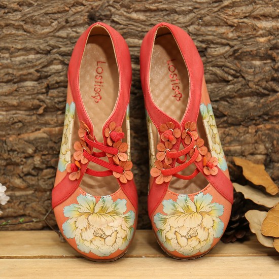 LOSTISY Flower Pattern Elastic Band Round Toe Splicing Retro Casual Flats LOSTISY Flower Pattern Elastic Band Round Toe Splicing Retro Casual Flats
