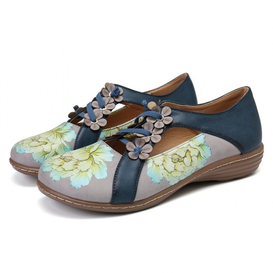 LOSTISY Flower Pattern Elastic Band Round Toe Splicing Retro Casual Flats LOSTISY Flower Pattern Elastic Band Round Toe Splicing Retro Casual Flats