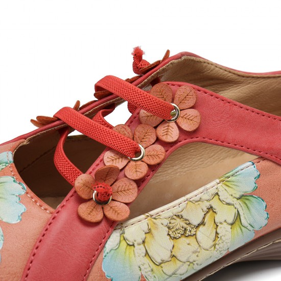 LOSTISY Flower Pattern Elastic Band Round Toe Splicing Retro Casual Flats LOSTISY Flower Pattern Elastic Band Round Toe Splicing Retro Casual Flats