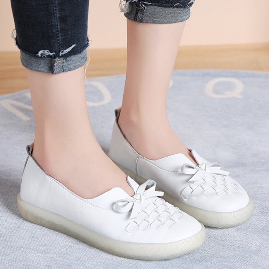 Women's Leather Slip On Solid Color Woven Bowknot Asakuchi Flats Loafers Shoes Women's Leather Slip On Solid Color Woven Bowknot Asakuchi Flats Loafers Shoes