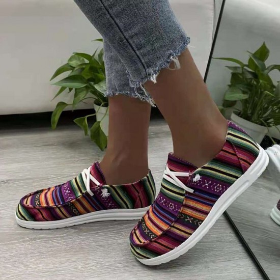 Women Large Size Stripe Printing Leopard Canvas Elastic Band Lace Up Casual Flat Shoes Women Large Size Stripe Printing Leopard Canvas Elastic Band Lace Up Casual Flat Shoes
