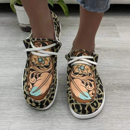Women Large Size Stripe Printing Leopard Canvas Elastic Band Lace Up Casual Flat Shoes Women Large Size Stripe Printing Leopard Canvas Elastic Band Lace Up Casual Flat Shoes