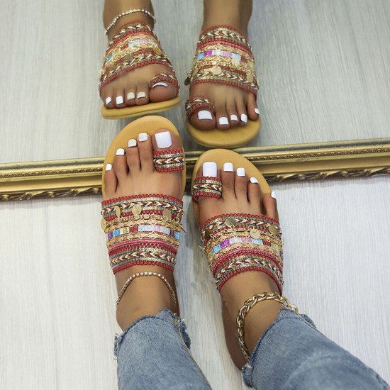 Women Large Size Bohemian Ethnic Style Beach Toe Ring Casual Sandals Women Large Size Bohemian Ethnic Style Beach Toe Ring Casual Sandals