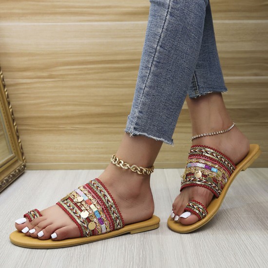 Women Large Size Bohemian Ethnic Style Beach Toe Ring Casual Sandals Women Large Size Bohemian Ethnic Style Beach Toe Ring Casual Sandals