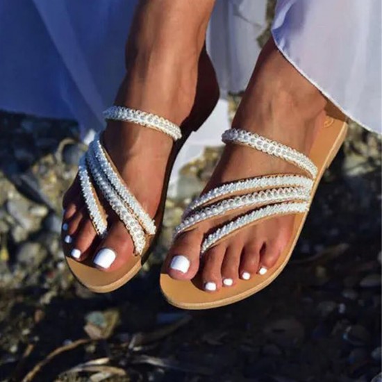 Women Pearl Series Woven Band Decoration Clip Toe Beach Casual Flat Sandals Women Pearl Series Woven Band Decoration Clip Toe Beach Casual Flat Sandals