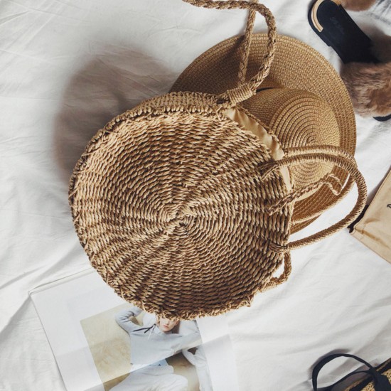 Women Hand Woven Bag Round Rattan Straw Bohemia Style Beach Circle Beach Bags Women Hand Woven Bag Round Rattan Straw Bohemia Style Beach Circle Beach Bags