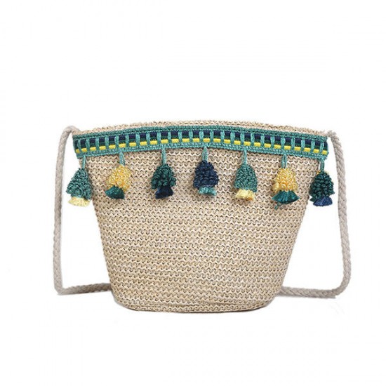 Straw Tassel Leisure Zipper Bucket Bag Shoulder Bag Straw Tassel Leisure Zipper Bucket Bag Shoulder Bag