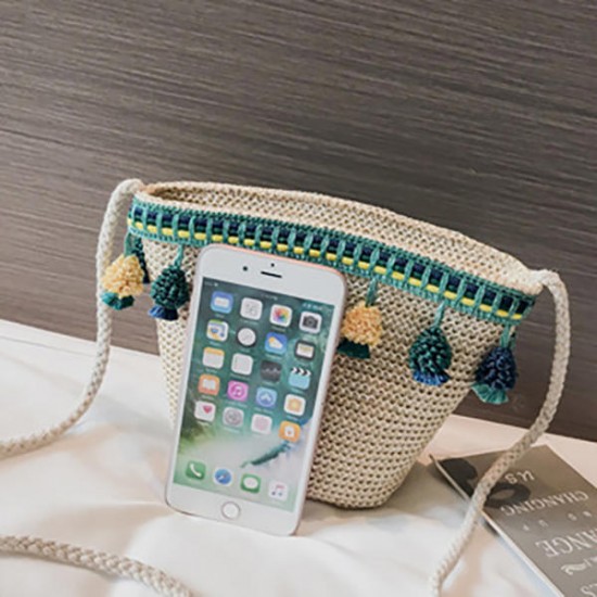 Straw Tassel Leisure Zipper Bucket Bag Shoulder Bag Straw Tassel Leisure Zipper Bucket Bag Shoulder Bag