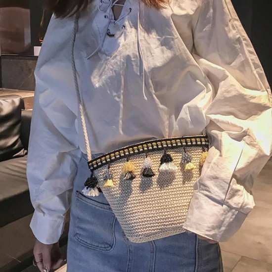 Straw Tassel Leisure Zipper Bucket Bag Shoulder Bag Straw Tassel Leisure Zipper Bucket Bag Shoulder Bag