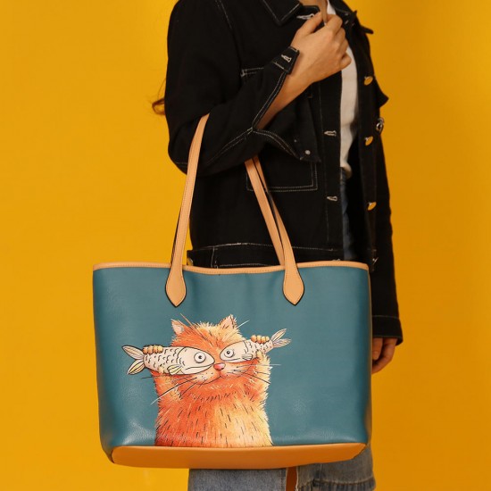 Women 2 PCS Cat Pattern Tote Large Capacity Shoulder Bag Handbag Women 2 PCS Cat Pattern Tote Large Capacity Shoulder Bag Handbag