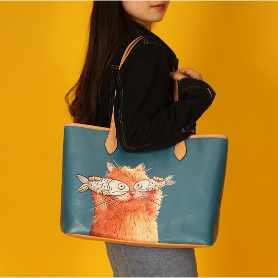 Women 2 PCS Cat Pattern Tote Large Capacity Shoulder Bag Handbag Women 2 PCS Cat Pattern Tote Large Capacity Shoulder Bag Handbag