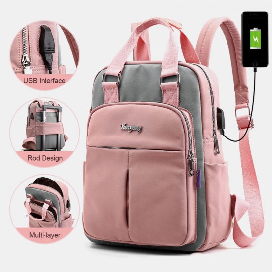 Women Canvas Multifunction Waterproof Casual Patchwork Backpack With USB Charging Port Women Canvas Multifunction Waterproof Casual Patchwork Backpack With USB Charging Port