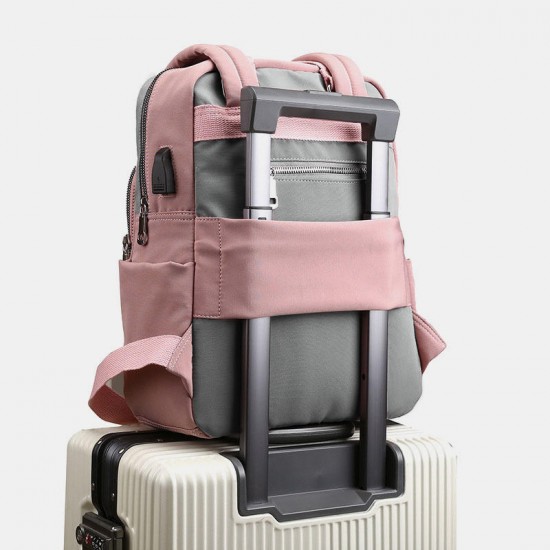 Women Canvas Multifunction Waterproof Casual Patchwork Backpack With USB Charging Port Women Canvas Multifunction Waterproof Casual Patchwork Backpack With USB Charging Port