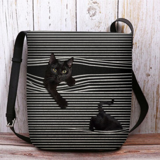 Women Felt Stripe Pattern Three-dimensional Vision Cat Print Shoulder Bag Crossbody Bag Women Felt Stripe Pattern Three-dimensional Vision Cat Print Shoulder Bag Crossbody Bag