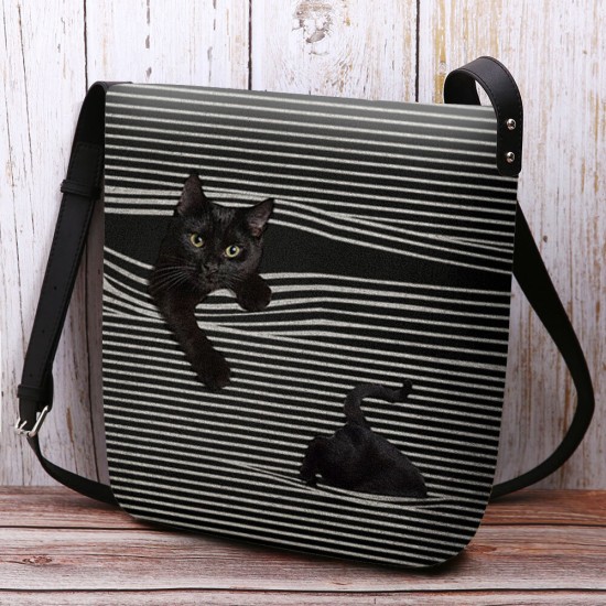Women Felt Stripe Pattern Three-dimensional Vision Cat Print Shoulder Bag Crossbody Bag Women Felt Stripe Pattern Three-dimensional Vision Cat Print Shoulder Bag Crossbody Bag