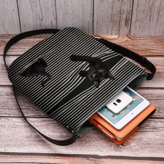 Women Felt Stripe Pattern Three-dimensional Vision Cat Print Shoulder Bag Crossbody Bag Women Felt Stripe Pattern Three-dimensional Vision Cat Print Shoulder Bag Crossbody Bag