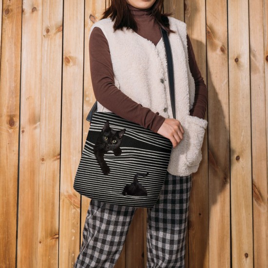 Women Felt Stripe Pattern Three-dimensional Vision Cat Print Shoulder Bag Crossbody Bag Women Felt Stripe Pattern Three-dimensional Vision Cat Print Shoulder Bag Crossbody Bag