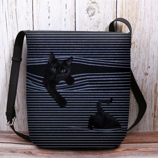 Women Felt Stripe Pattern Three-dimensional Vision Cat Print Shoulder Bag Crossbody Bag Women Felt Stripe Pattern Three-dimensional Vision Cat Print Shoulder Bag Crossbody Bag