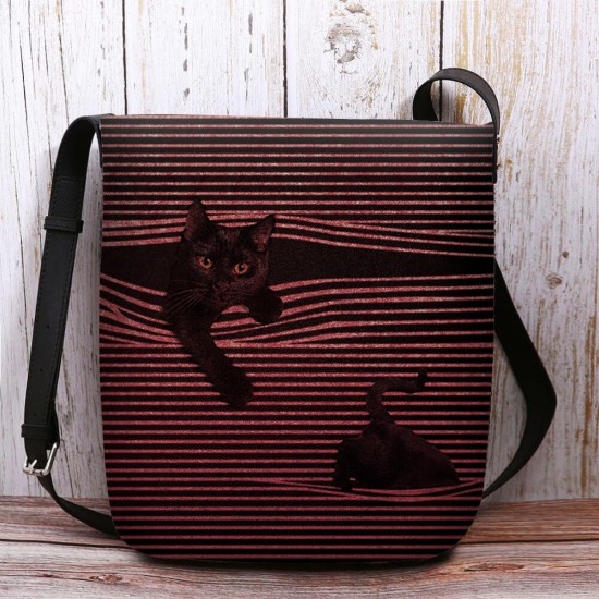 Women Felt Stripe Pattern Three-dimensional Vision Cat Print Shoulder Bag Crossbody Bag Women Felt Stripe Pattern Three-dimensional Vision Cat Print Shoulder Bag Crossbody Bag