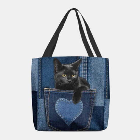 Women Felt Cute 3D Three-dimensional Black Cat Inside Jeans Pattern Shoulder Bag Handbag Tote Women Felt Cute 3D Three-dimensional Black Cat Inside Jeans Pattern Shoulder Bag Handbag Tote