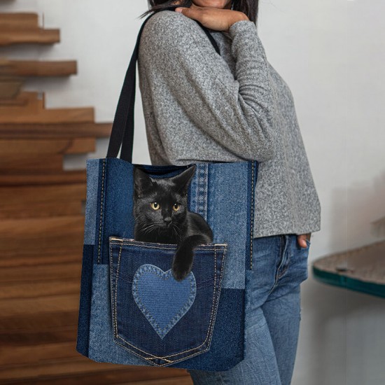 Women Felt Cute 3D Three-dimensional Black Cat Inside Jeans Pattern Shoulder Bag Handbag Tote Women Felt Cute 3D Three-dimensional Black Cat Inside Jeans Pattern Shoulder Bag Handbag Tote