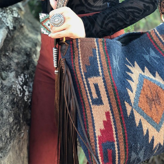 Women Felt Vintage Geometry Pattern Large Capacity Shoulder Bag Tote Handbag With Tassel Women Felt Vintage Geometry Pattern Large Capacity Shoulder Bag Tote Handbag With Tassel