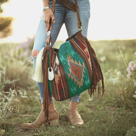 Women Felt Vintage Geometry Pattern Large Capacity Shoulder Bag Tote Handbag With Tassel Women Felt Vintage Geometry Pattern Large Capacity Shoulder Bag Tote Handbag With Tassel
