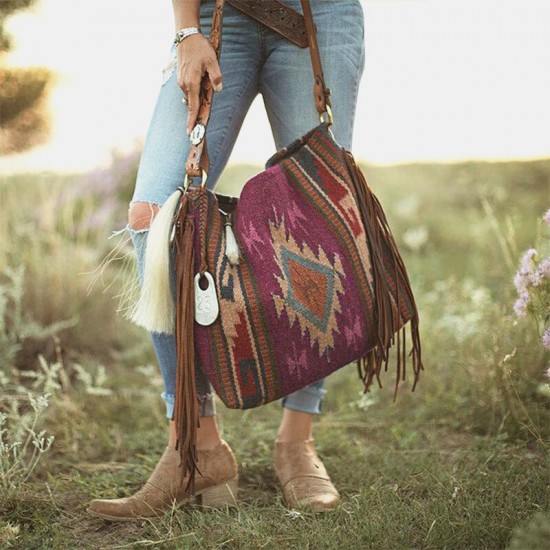 Women Felt Vintage Geometry Pattern Large Capacity Shoulder Bag Tote Handbag With Tassel Women Felt Vintage Geometry Pattern Large Capacity Shoulder Bag Tote Handbag With Tassel